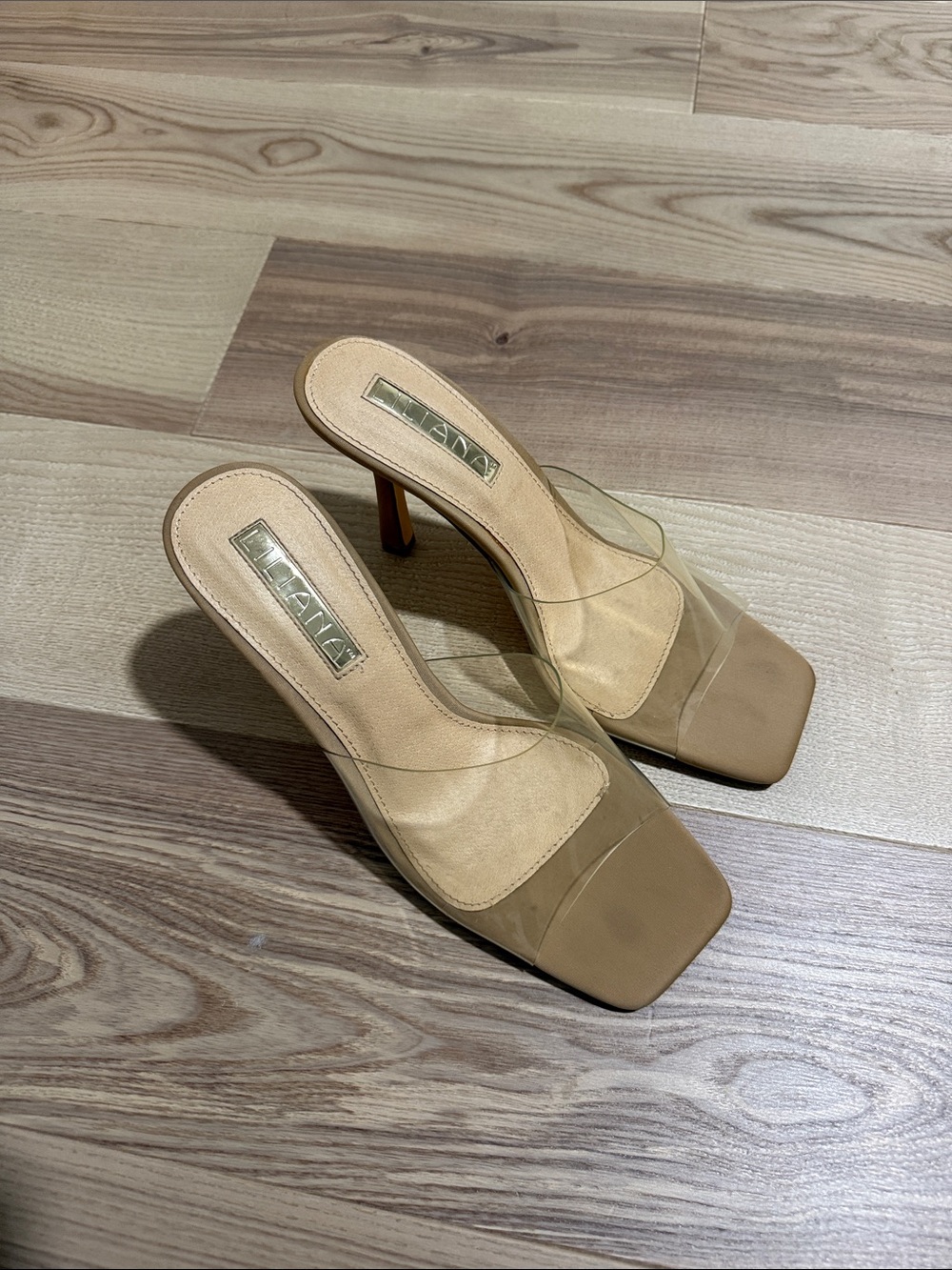 Liliana Beige Clear Strap Square Toe Heeled Mules